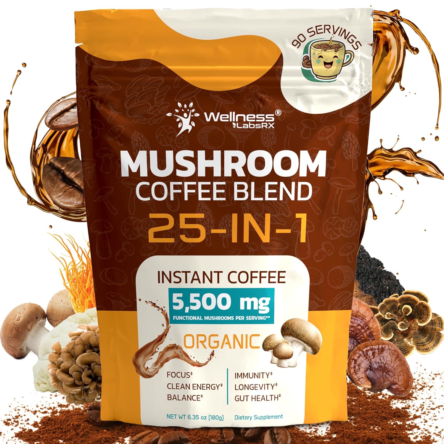 Wellness Labs Reishi Mushroom Coffee 25 in-1 Lions Mane Shiitake 90 Servings - Galeri