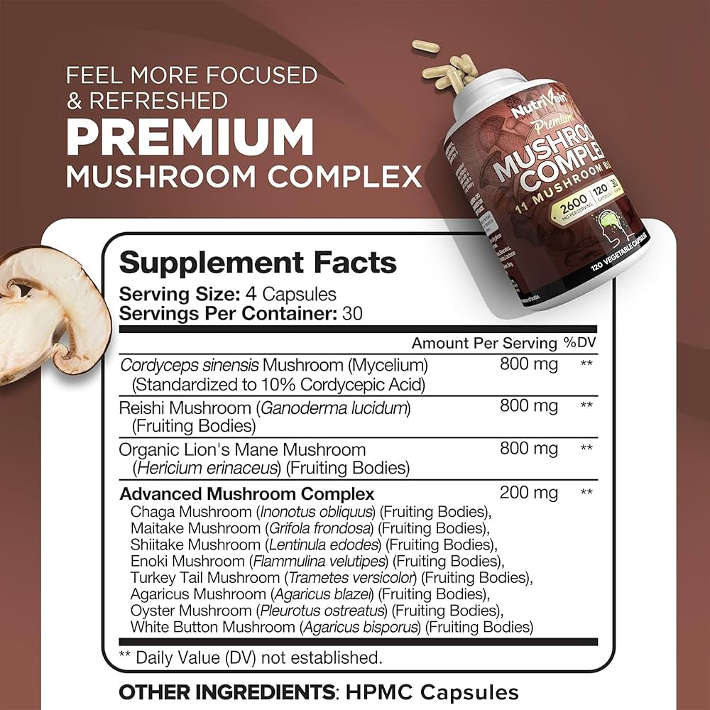 Nutrivein Mushroom Nootropic Complex Lion's Mane Cordyceps Chaga Reishi Turkey Tail Maitake - Galeri