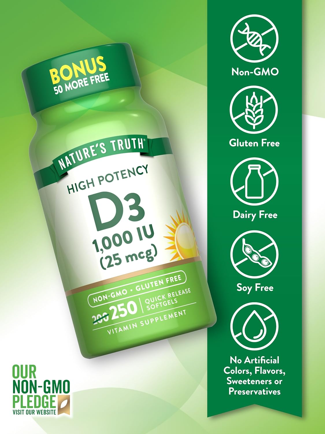 Nature's Truth, High Potency Vitamin D3, 25 mcg (1000 IU), 250 Quick Softgels - Galeri