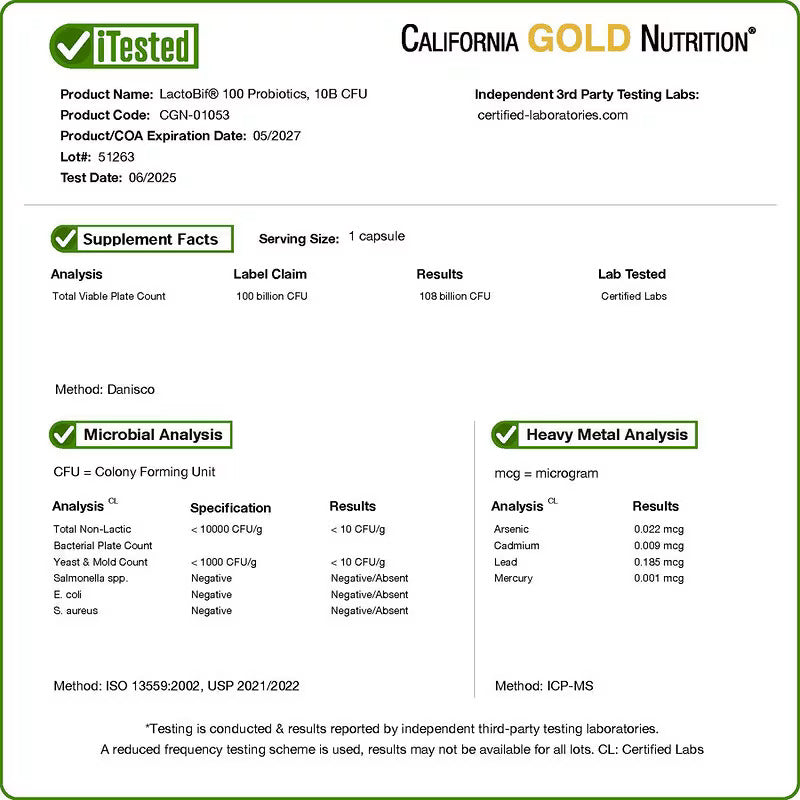 California Gold Nutrition LactoBif 100 Probiotics Gut Health 100 Billion CFU 30 Veggie Capsules - Galeri