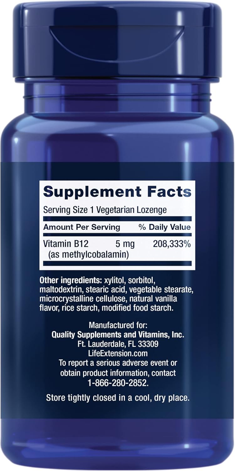 Life Extension Vitamin B12 Bioactive Methylcobalamin Nerve Health Cognitive 5 mg Quick-Dissolving 60 lozenges - Galeri