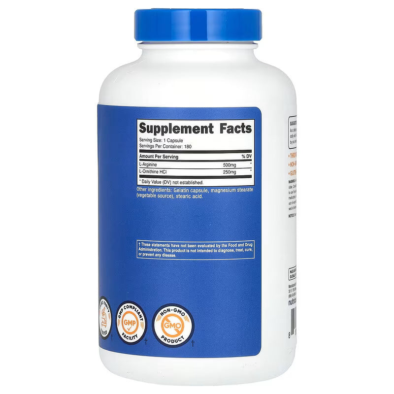 Nutricost L-Arginine + L-Ornithine Nitric Oxide 750 mg 180 Capsules - Galeri