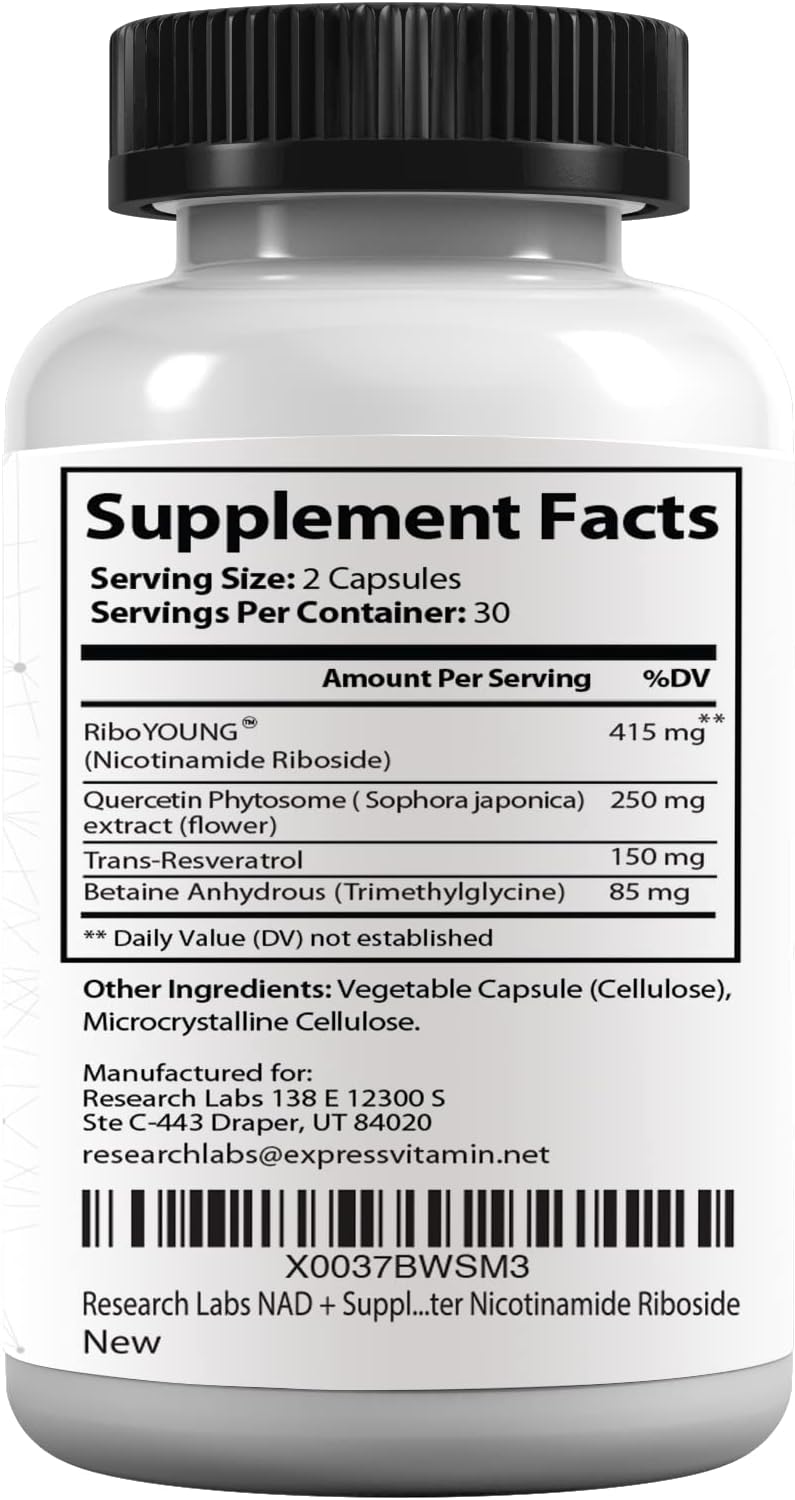 Research Labs NAD+ Nicotinamide Riboside Quercetin Resveratrol Betaine True NAD Anti Aging - Galeri