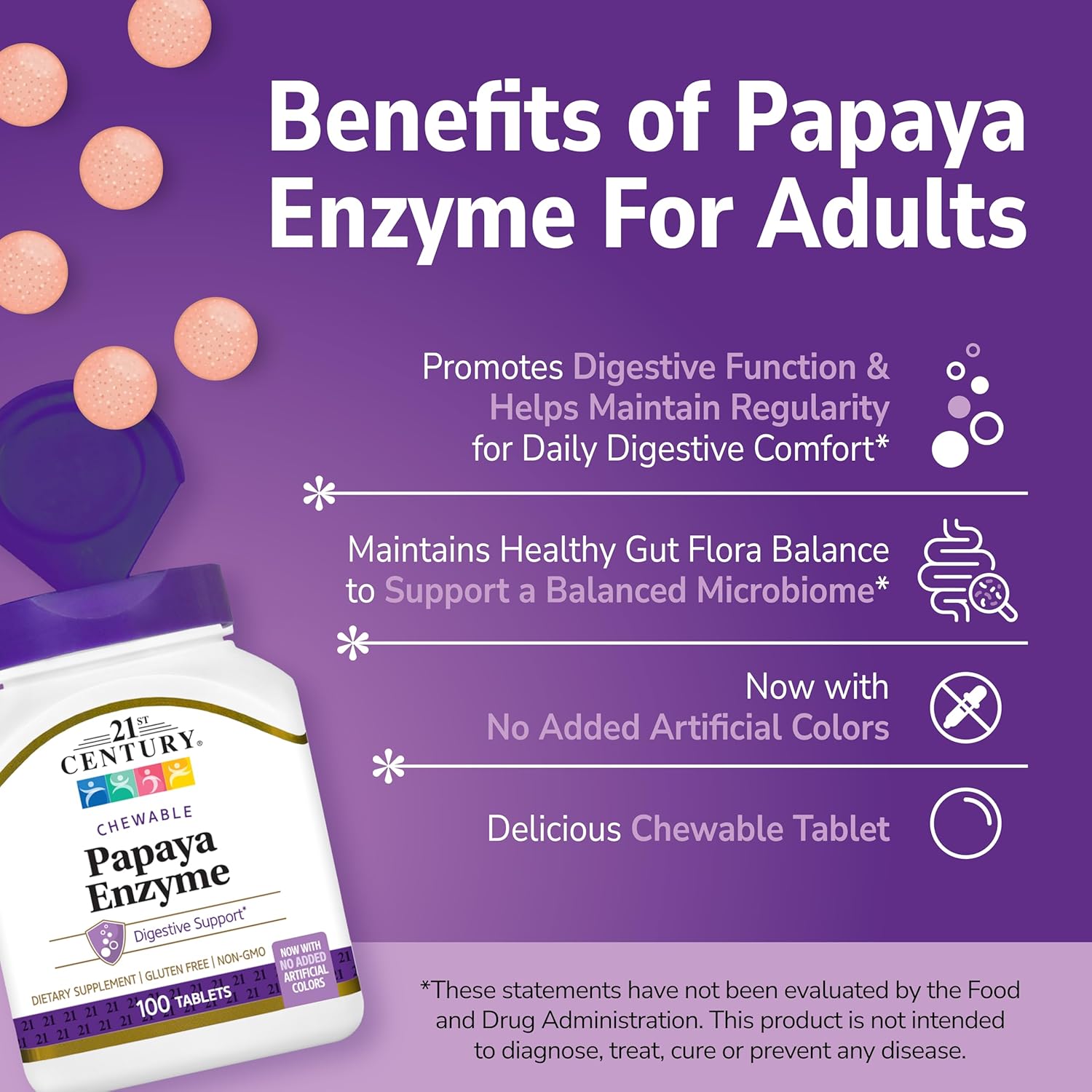 21st Century Papaya Enzyme Digestive Enzymes for Gut Health 100 Chewable Tablet - Galeri