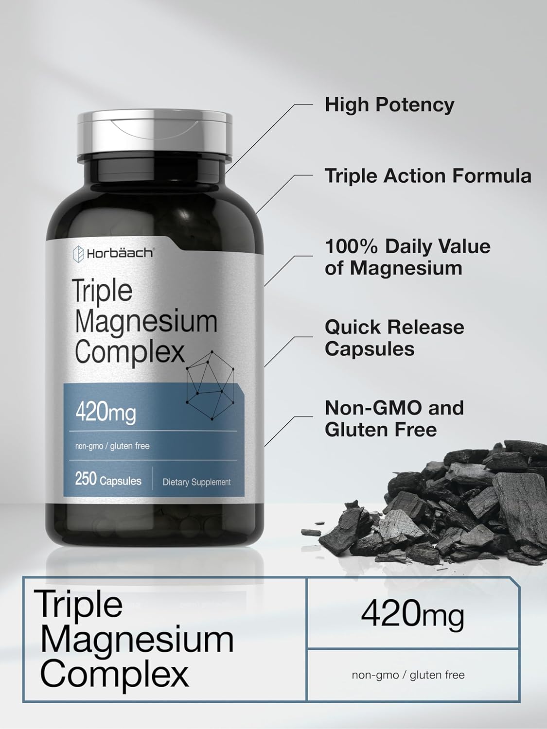 Horbäach Triple Magnesium(Magnezyum) Complex 420 mg 250 Caps Gluten Free Magnesium Oxide, Citrate - Galeri