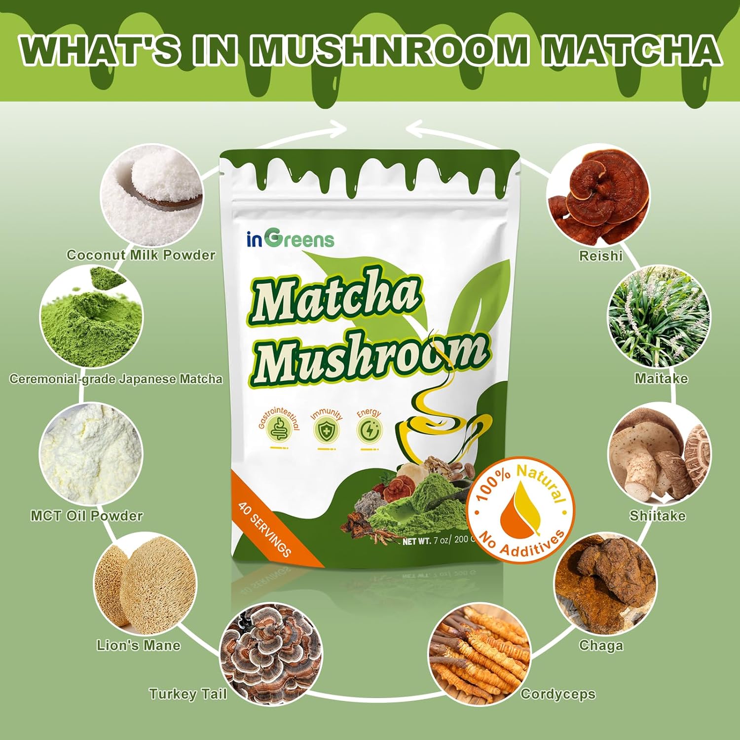 İngreens Mushroom Matcha MCT Reishi & Lion's Mane for Immune Strengthen Focus & Energy 200 gr - Galeri