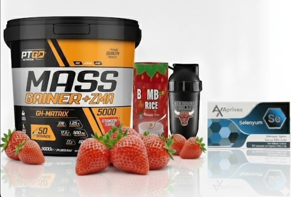 PT GO NUTRITION Mass Gainer 5 kg Kova Çilek + Selenyum Vitamin + Rice Cream + Shaker