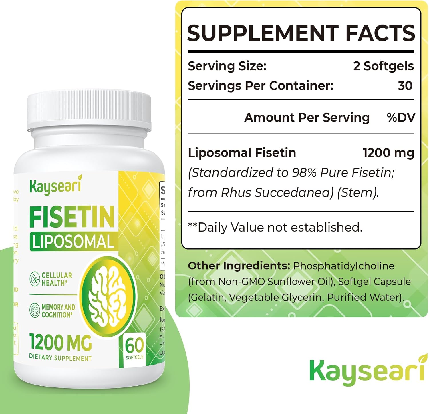 Kayseari Fisetin 1200mg Liposomal Fisetin 98%  60 Caps - Galeri