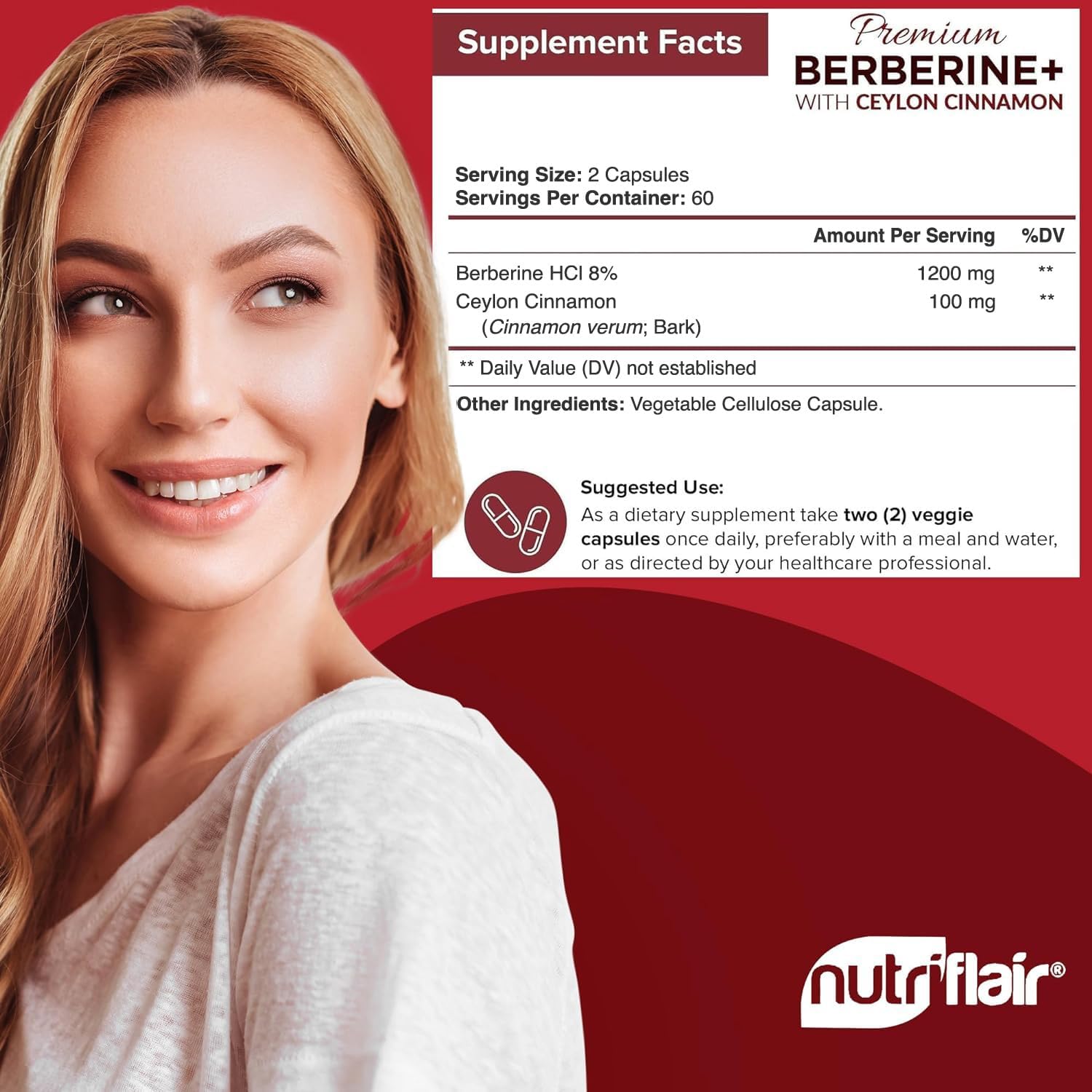 NutriFlair Premium Ceylon Cinnamon Berberine HCL Immune System Glucose 1200mg 120 Caps - Galeri