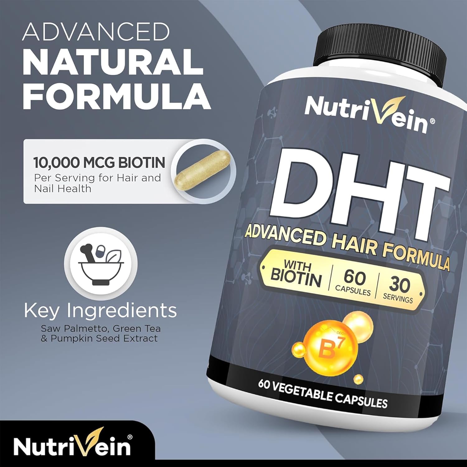 Nutrivein DHT Blocker with Biotin Hair Supplement Saw palmetto+Resveratrol 60 Caps - Galeri