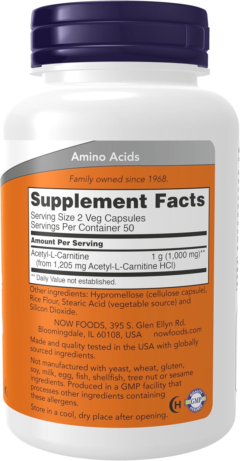 NOW Foods Acetyl-L Carnitine 500 mg Amino Acid Brain And Nerve Cell Function 100 Veg Capsules - Galeri