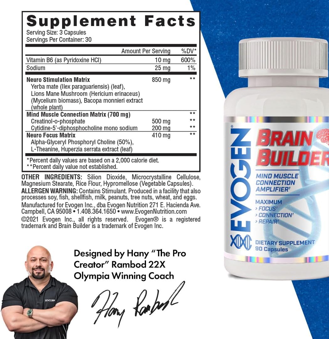 Evogen Brain Builder Neuro Mind Boosts Focus Concentration & Connection Lions Mane Bacopa Monnieri Alpha-GPC 90 Caps - Galeri