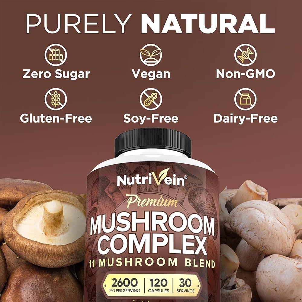 Nutrivein Mushroom Nootropic Complex Lion's Mane Cordyceps Chaga Reishi Turkey Tail Maitake - Galeri