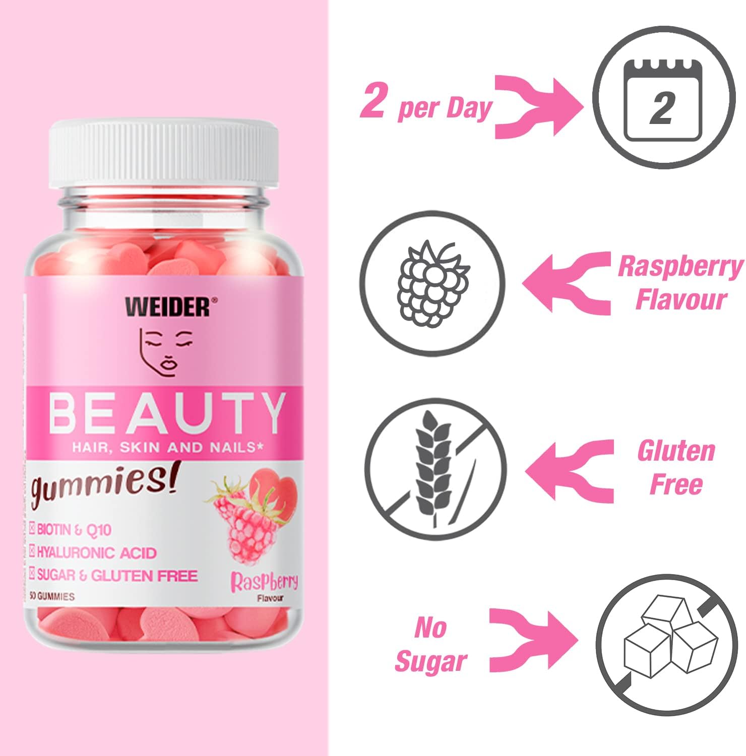 Weider Beauty Gummies - Nourishes Hair Skin Anti-ageing Q19 biotin -Vitamin C - zinc hyaluronic acid 40 gum - Galeri