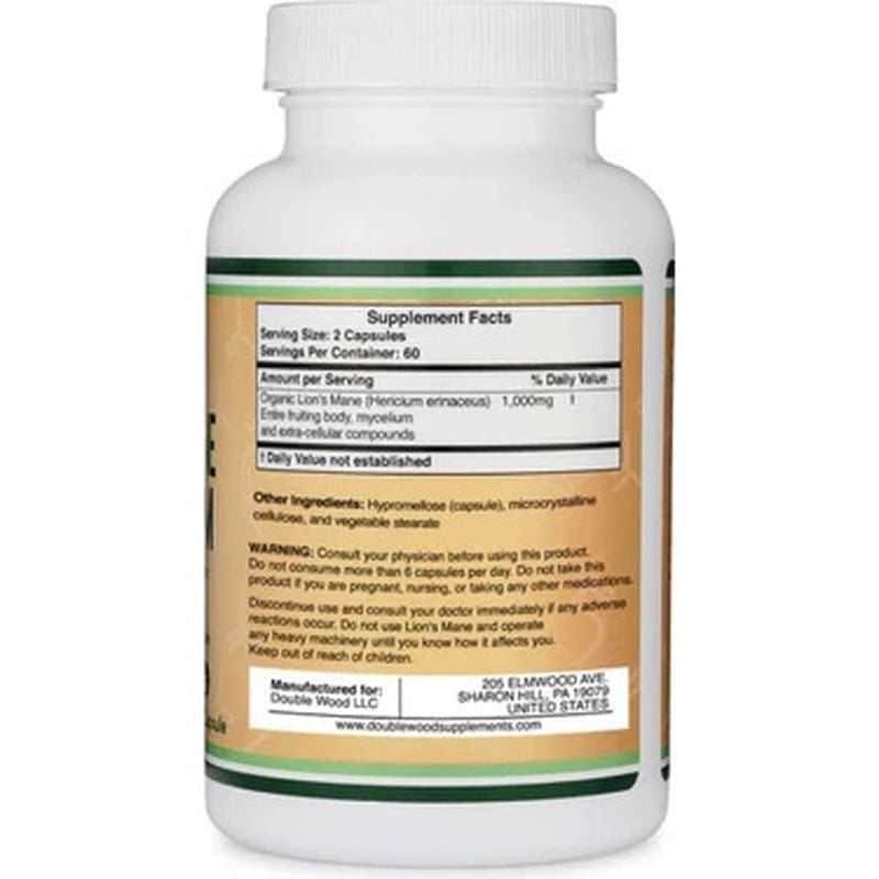 DOUBLE WOOD Organic Lions Mane Mushroom Capsules Brain Support and Immune Health 120 Caps - Galeri
