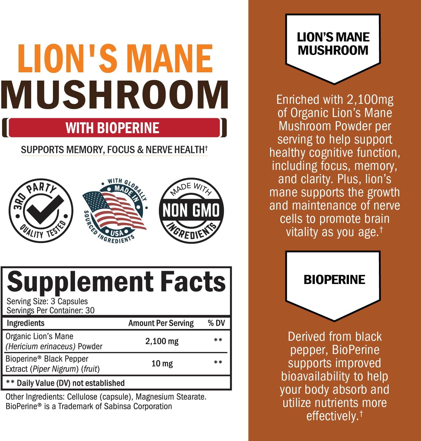 BioSchwartz Organic Lions Mane Mushrooms with BioPerine Nootropic Brain Memory Focus 90 Caps - Galeri