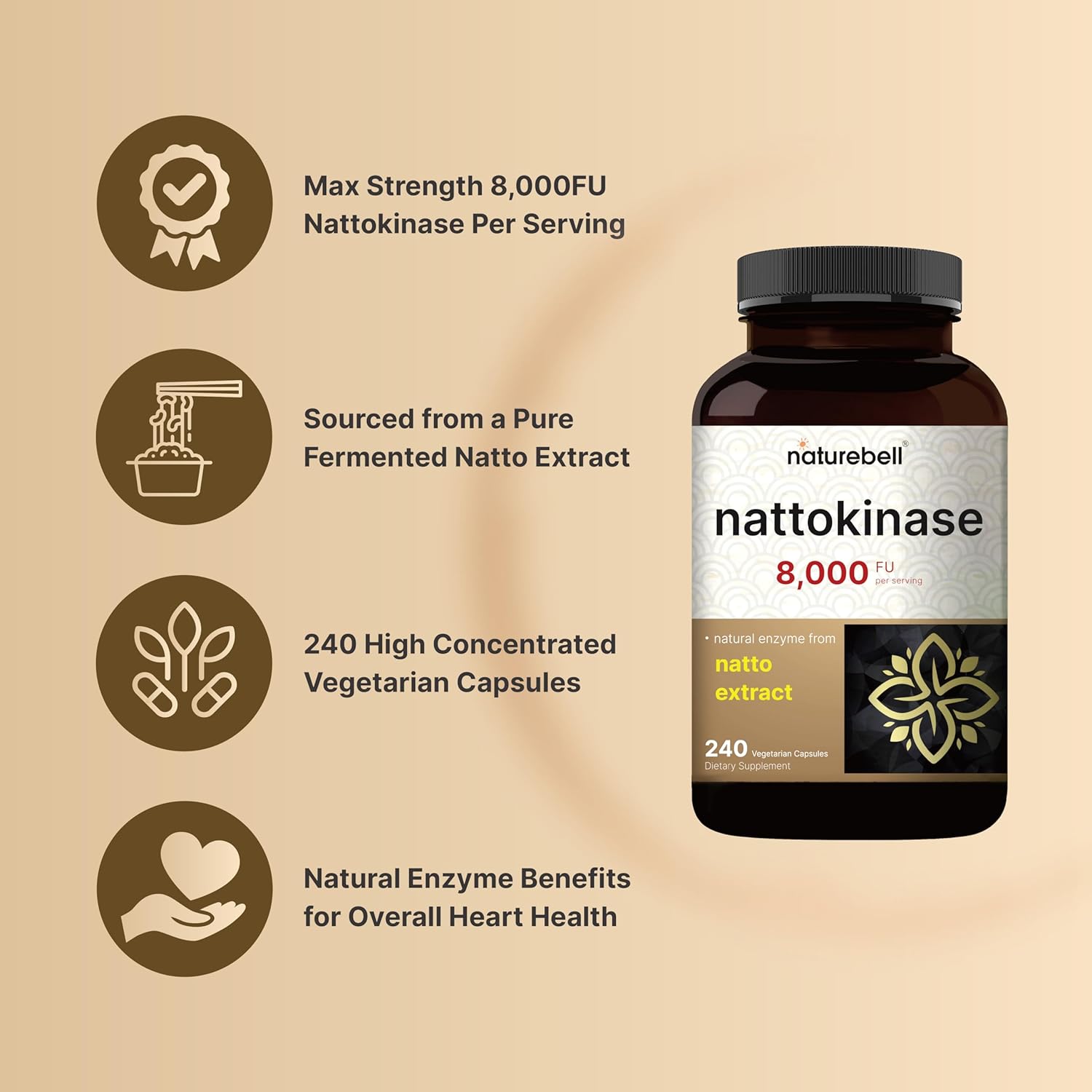 NatureBell Nattokinase 8,000 FU Per Serving 240 Veggie Capsules Traditional Natto Extract Source – Max Strength Enzyme & Heart Health Support - Galeri