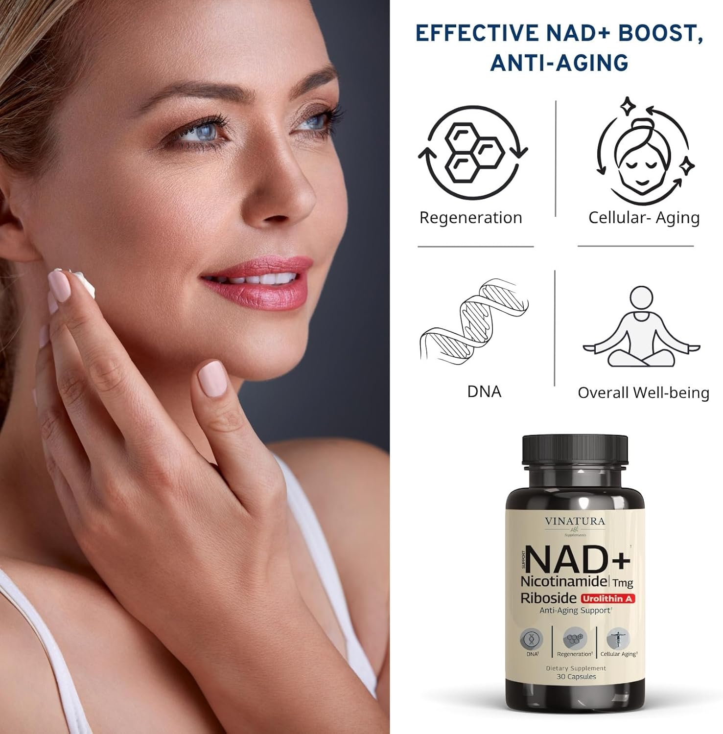 VINATURA NAD+ Nicotinamide Riboside Trans-Resveratrol TMG and Urolithin A Betaine 30 Vegan Caps - Galeri