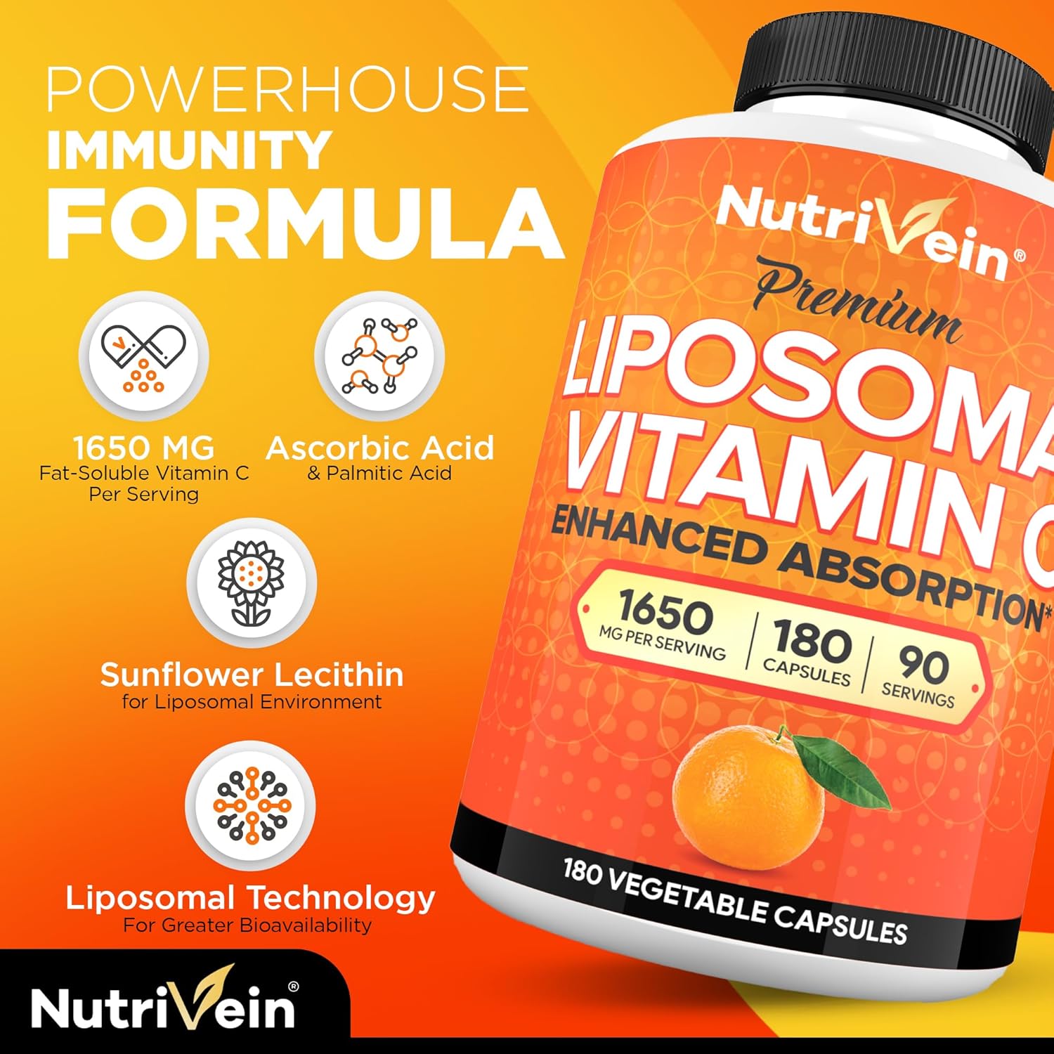 Nutrivein Liposomal Vitamin C 1650mg Defenses & Overall Well-Being- 180 Caps - Galeri