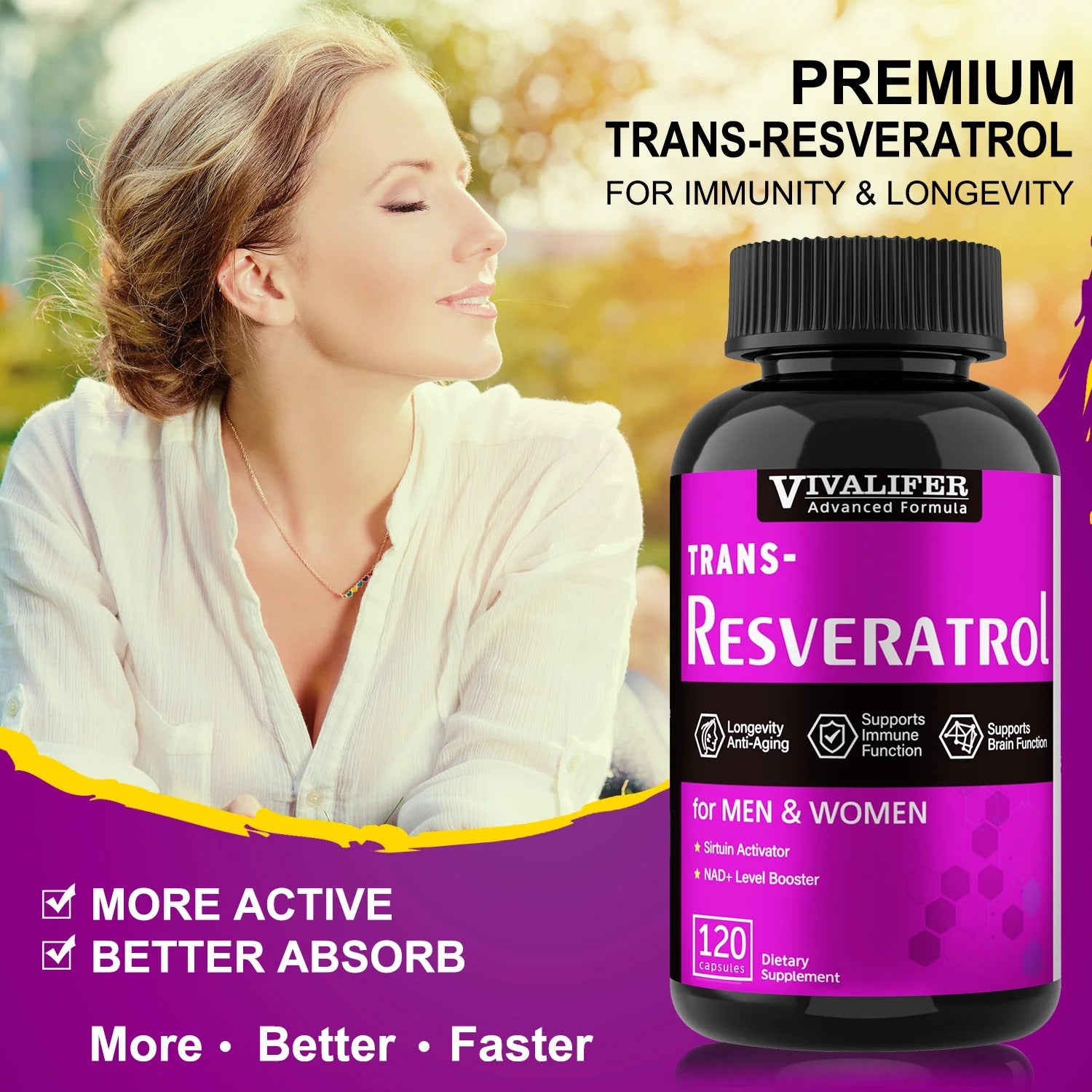 VIVALIFER Resveratrol+Vitamin C Anti-Aging Immune, Cardiovascular Joint 500mg+120mg 120 Caps - Galeri