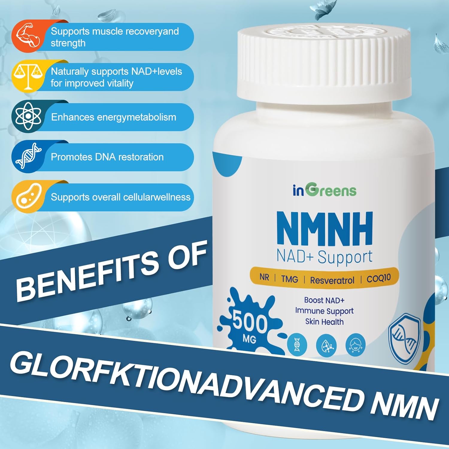 inGreens NMNH Alternative with TMG, Resveratrol, COQ10, NAD Anti Aging, Energy, Boost 500mg 60 Caps - Galeri