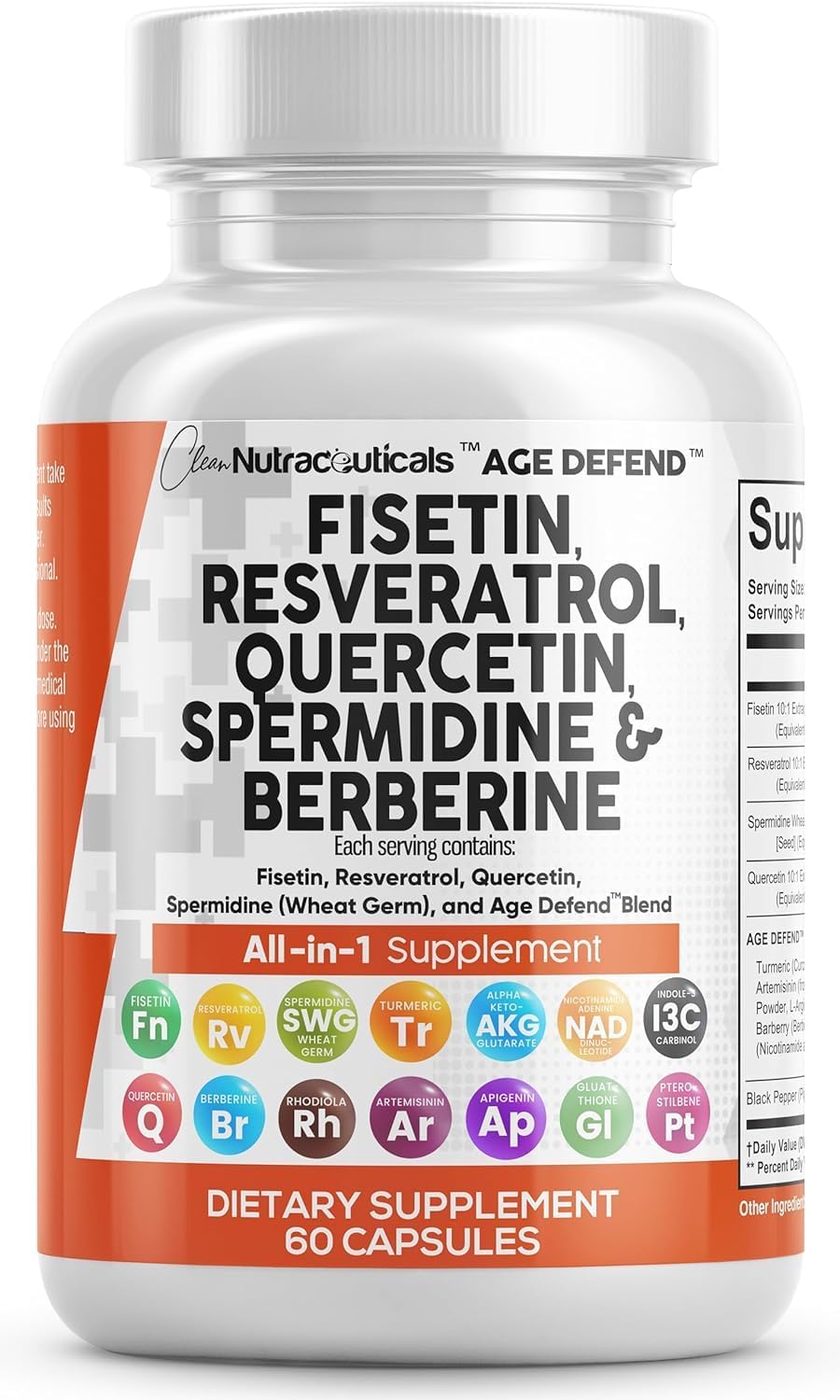 Clean Nutra Fisetin Quercetin Resveratrol Spermidine - Longevity with NAD Berberine Apigenin Anti Aging Cellular Health Support Caps 60