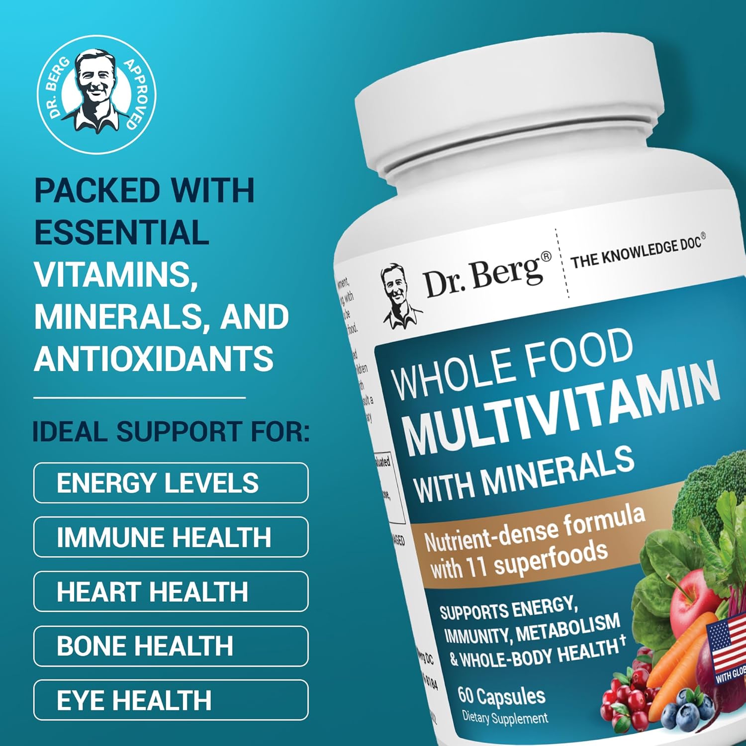 Dr. Berg Whole Food Multivitamin with Minerals Trace Mineral Benfotiamine Folate Alpha lipoic Acid 60 Caps - Galeri