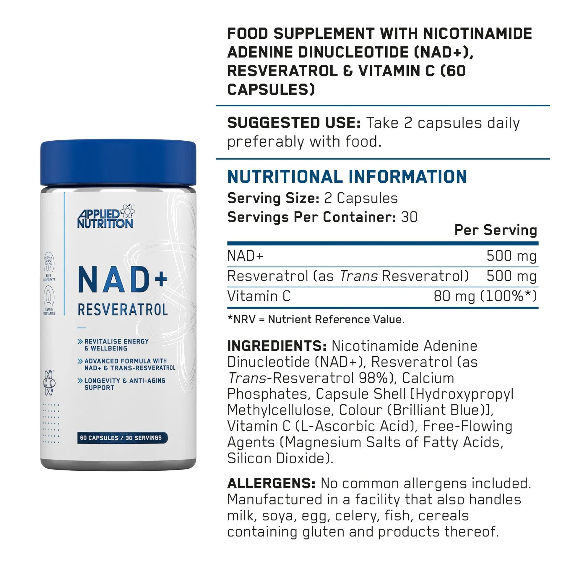 Applied Nutrition NAD+ Trans-Resveratrol Cellular Energy Antioxidant Support & Daily Wellness Formula 60 Caps - Galeri