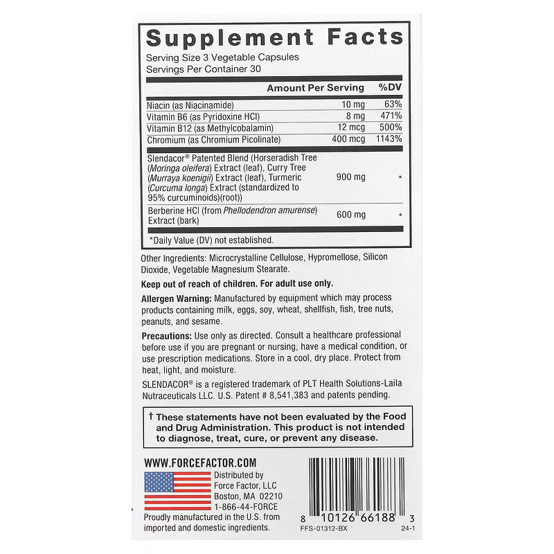 Force Factor Glucoslim Berberine Hcl Weight Loss Blood Glucose Support 90 Vegetable Capsules - Galeri