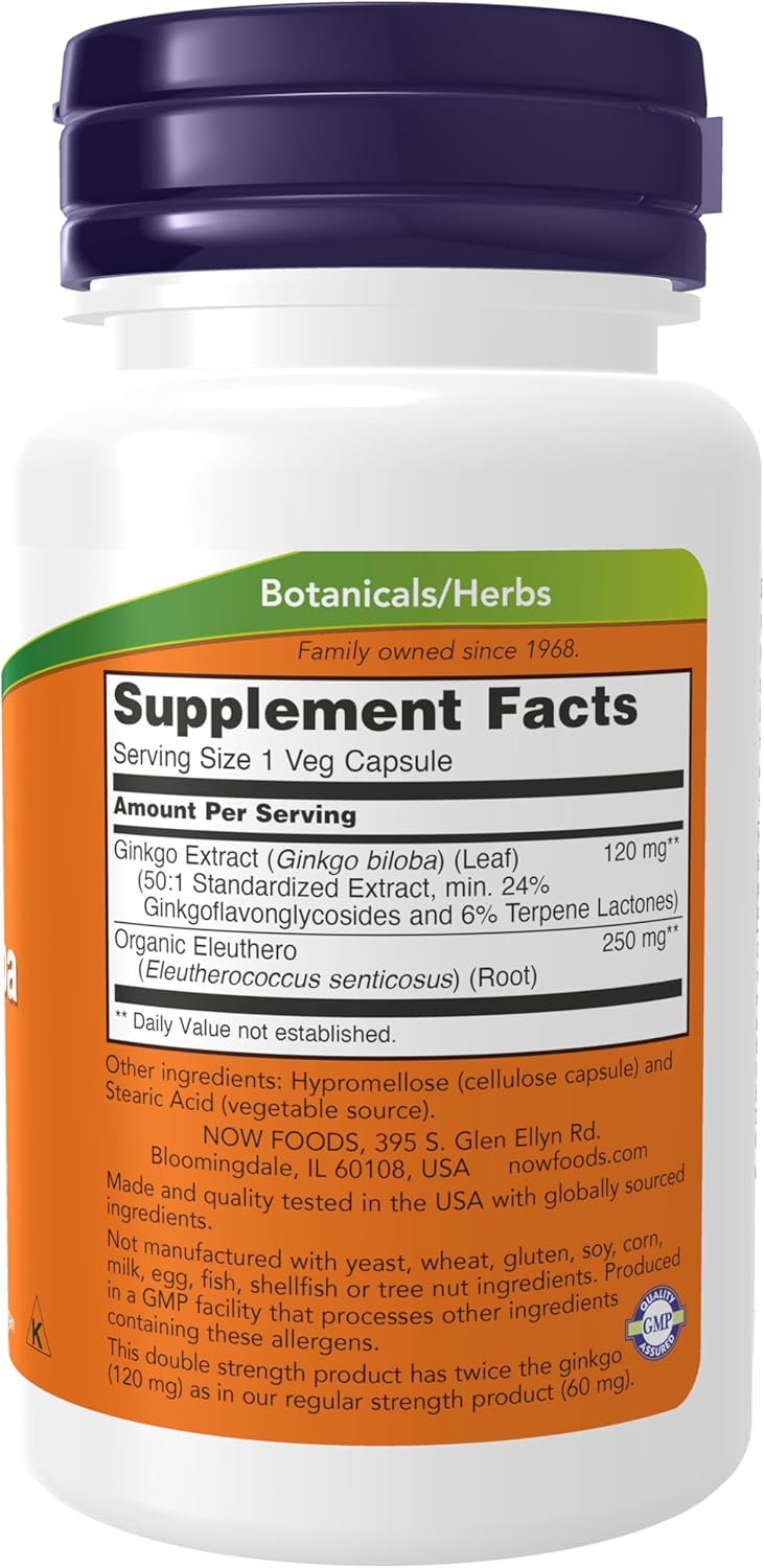 NOW Foods Ginkgo Biloba Supports Brain Health 120 mg Double Strength 50 Veg Caps - Galeri