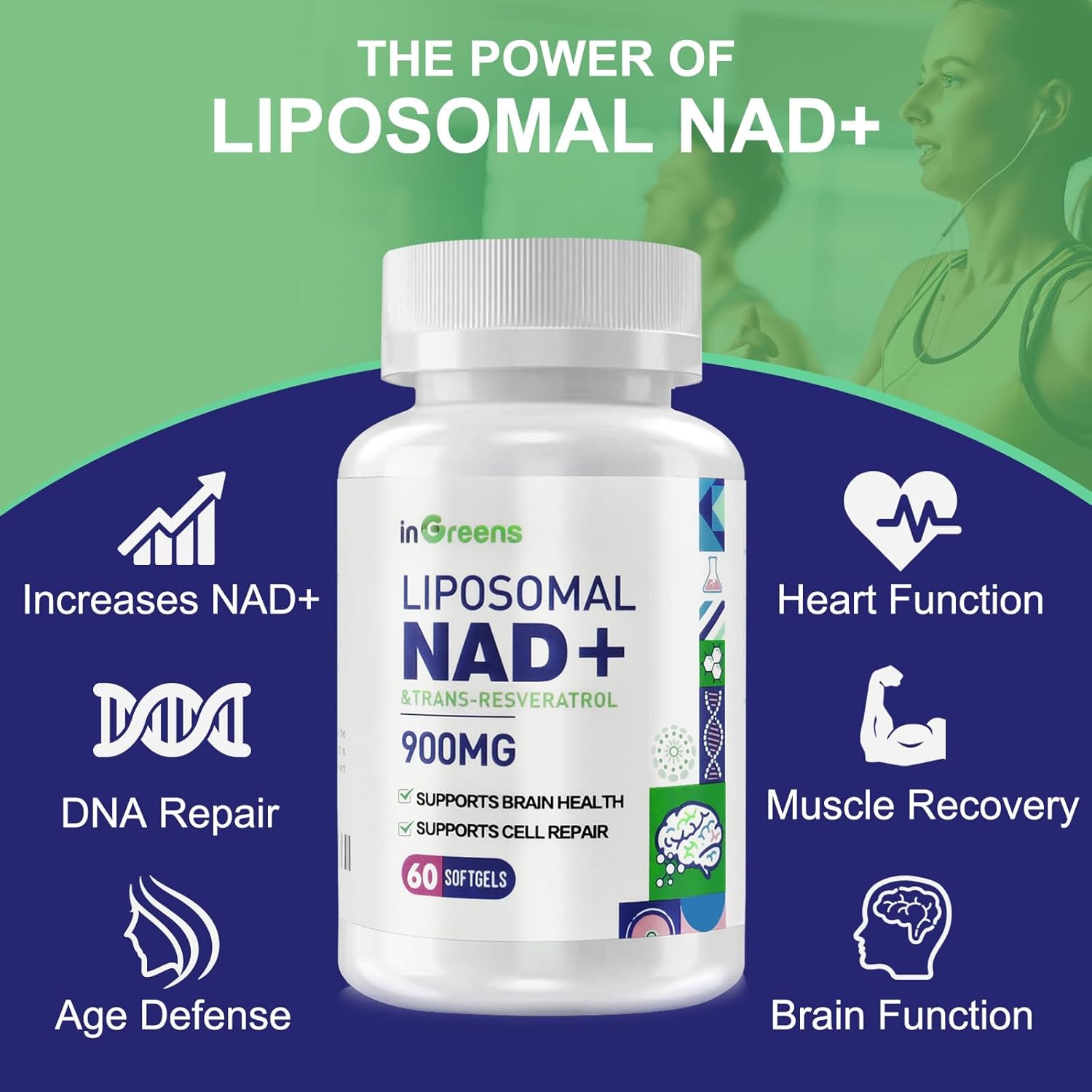inGreens Liposomal NAD+ 900 mg Trans Resveratrol NMN Aging Defense, Energy, Longevity 60 Softgels - Galeri
