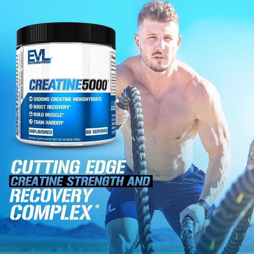 Evlution Nutrition Creatine 5000 - Supports Faster Recovery, Lean Muscle Growth & Performance - Pre & Post Workout Powder - 5000mg Pure Creatine Monohydrate Per Serving - 60 Servings - Unflavored - Galeri
