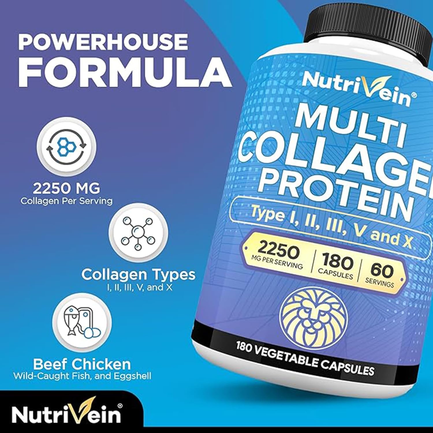 Nutrivein Premium Multi Collagen 2250 mg - 180 Women and Men -Aging,Joints,Hair,Skin,Bones,Nails - Galeri