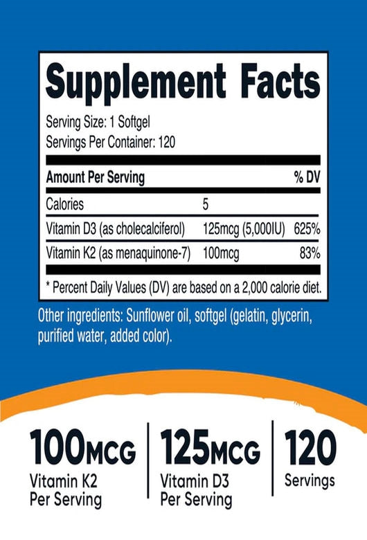 Nutricost Vitamin K2 + Vitamin D3 5000UI 120 Softgels - Galeri