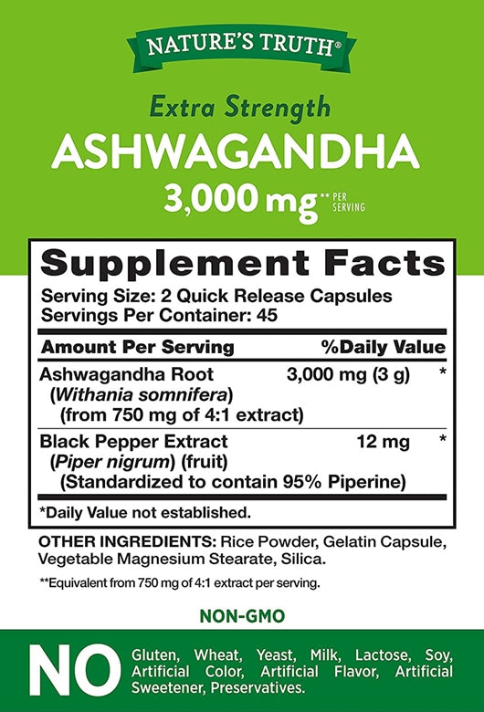 Nature's Truth Ashwagandha Root 3000 mg 90 Quick Release Capsules - Galeri