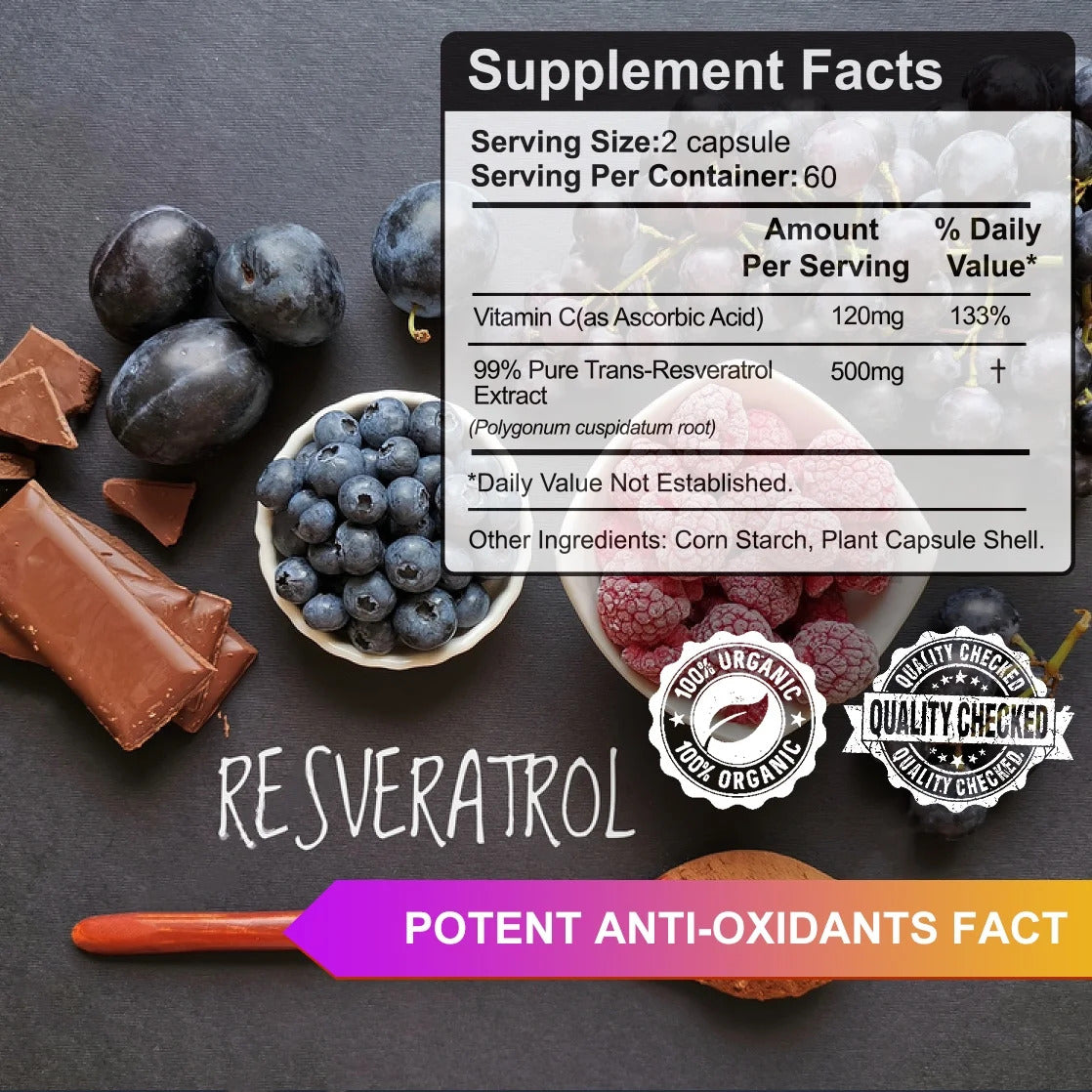 VIVALIFER Resveratrol+Vitamin C Anti-Aging Immune, Cardiovascular Joint 500mg+120mg 120 Caps - Galeri