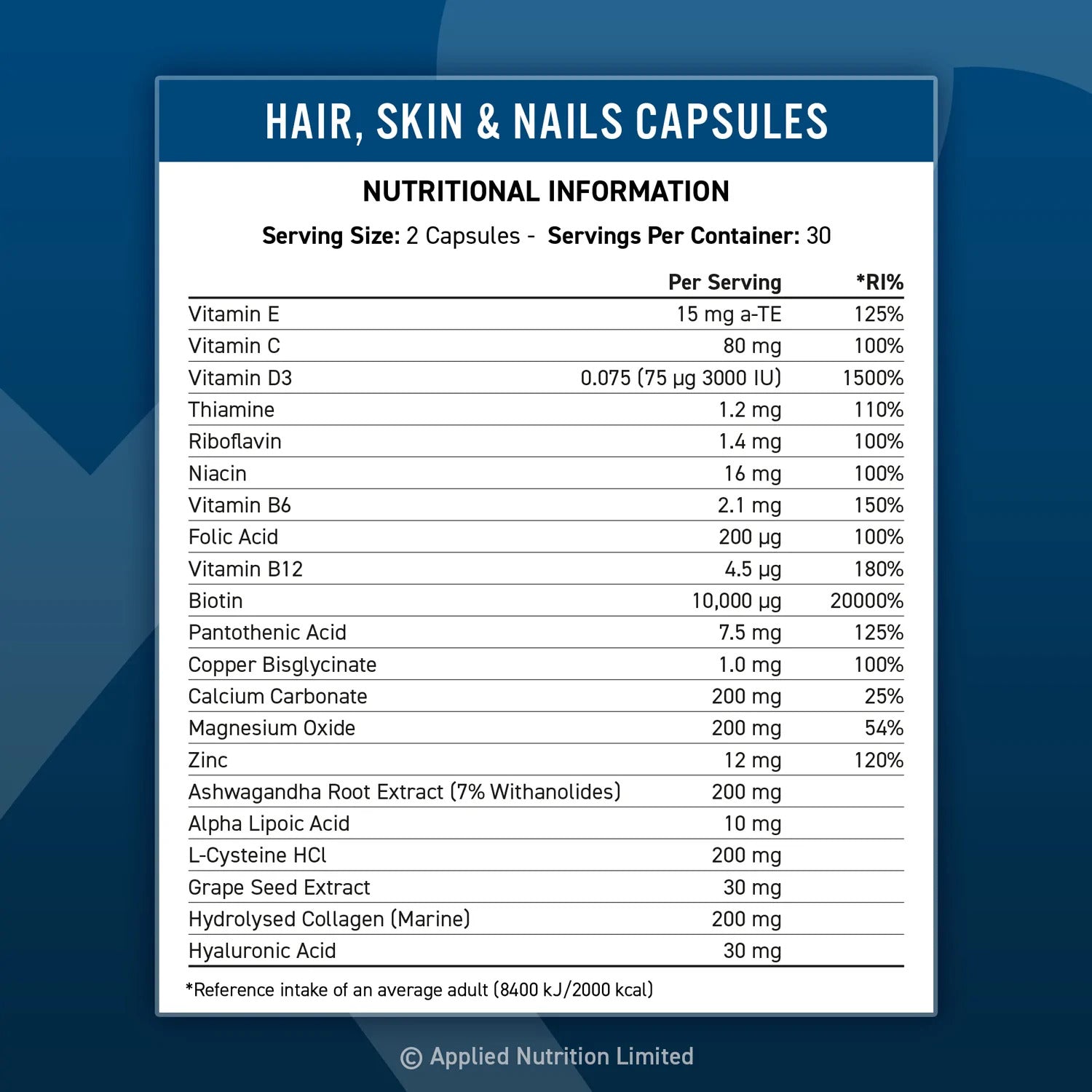 Applied Nutrition Hair, Skin & Nails, (BİOTİN+B12+MAGNESİUM OXİD+GRAPE+COLLAGEN+FOLİC ACİD 60 Caps - Galeri