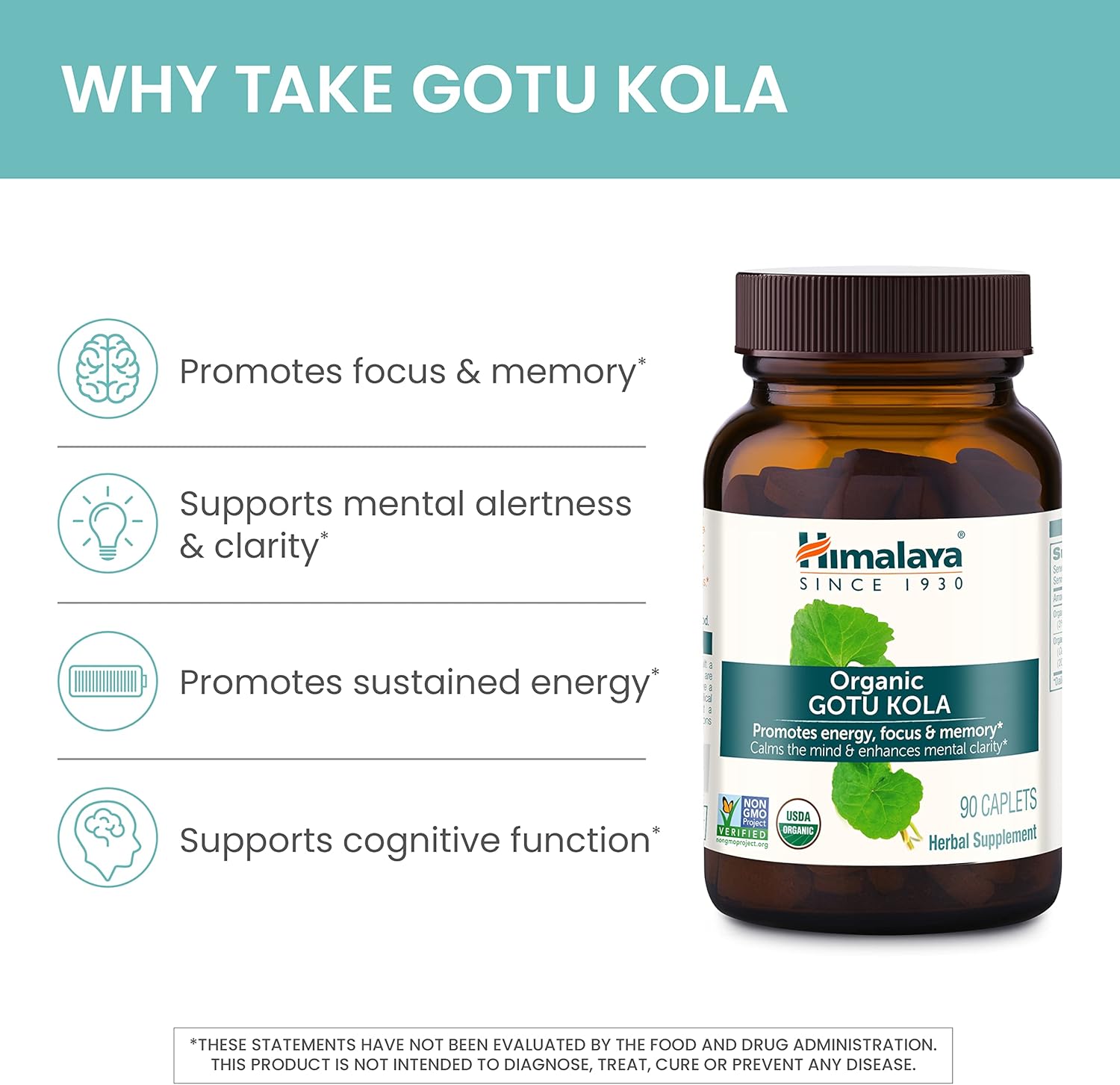 Himalaya Organic Gotu Kola Nootropic with Adaptogens for Energy, Focus, Memory Brain Cognitive 90 Caplet - Galeri