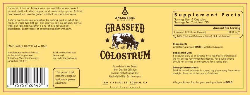 Ancestral Supplements Grass Fed Beef Colostrum Supplement, 3000 mg, 180 Caps - Galeri