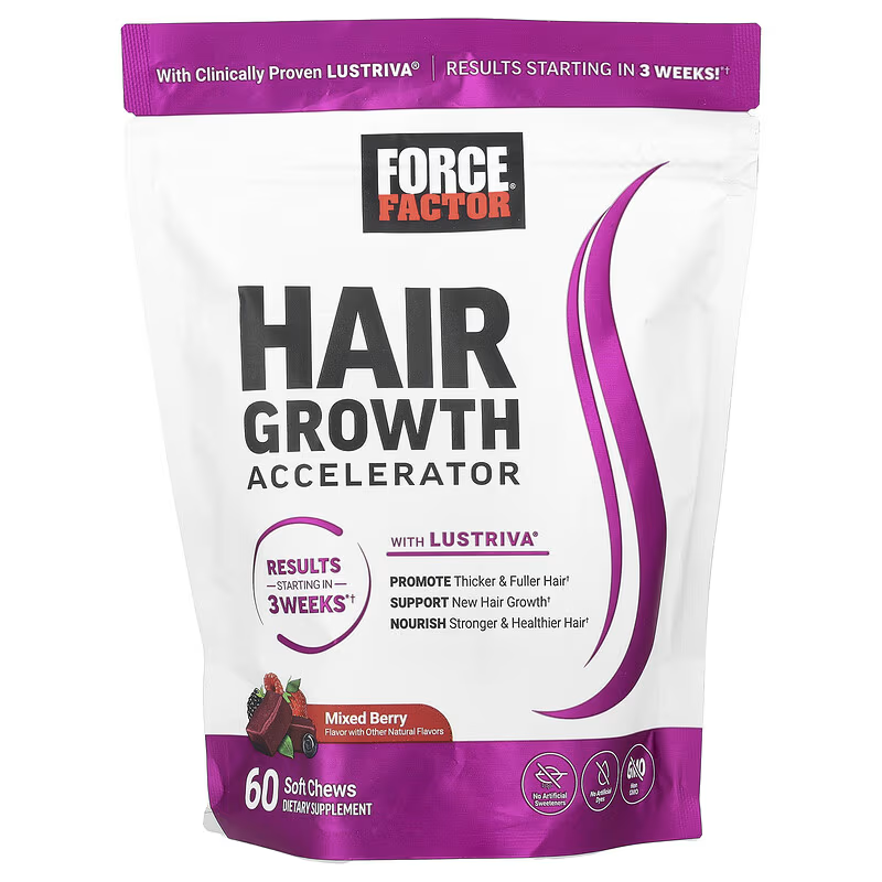 Force Factor Hair Growth Accelerator Hair Skin & Nails Vitamin Biotin Mixed Berry 60 Soft Chews