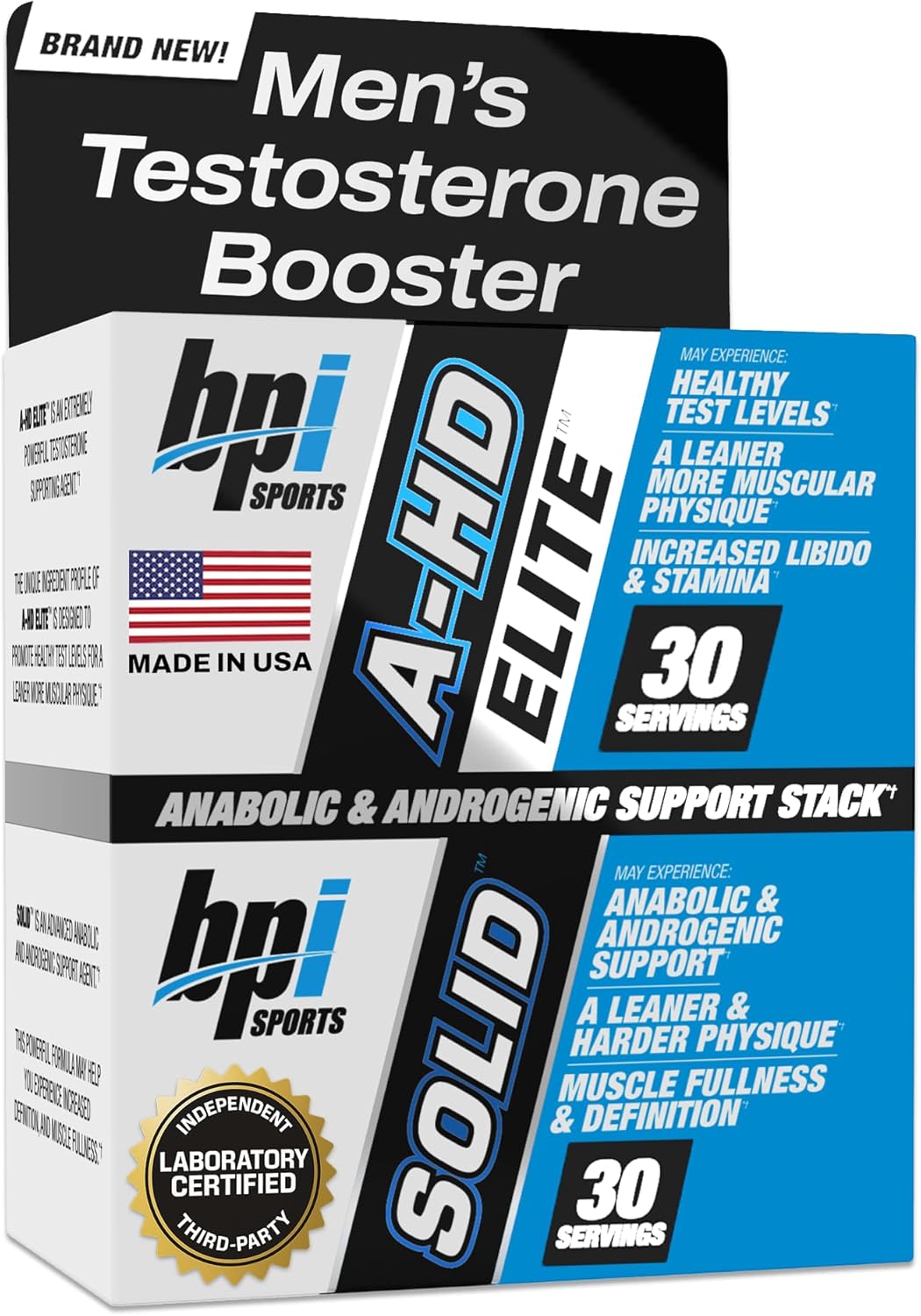 BPI Sports A-HD Elite/Solid Testo Booster for Men Strength Libido & Performance Support 30 Servis