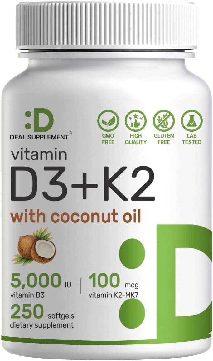 DEAL SUPPLEMENT Vitamin D3 5,000 IU + K2 MK7 100mcg with Virgin Coconut Oil Supports Heart Bone Teeth Immune Health 250 Softgels
