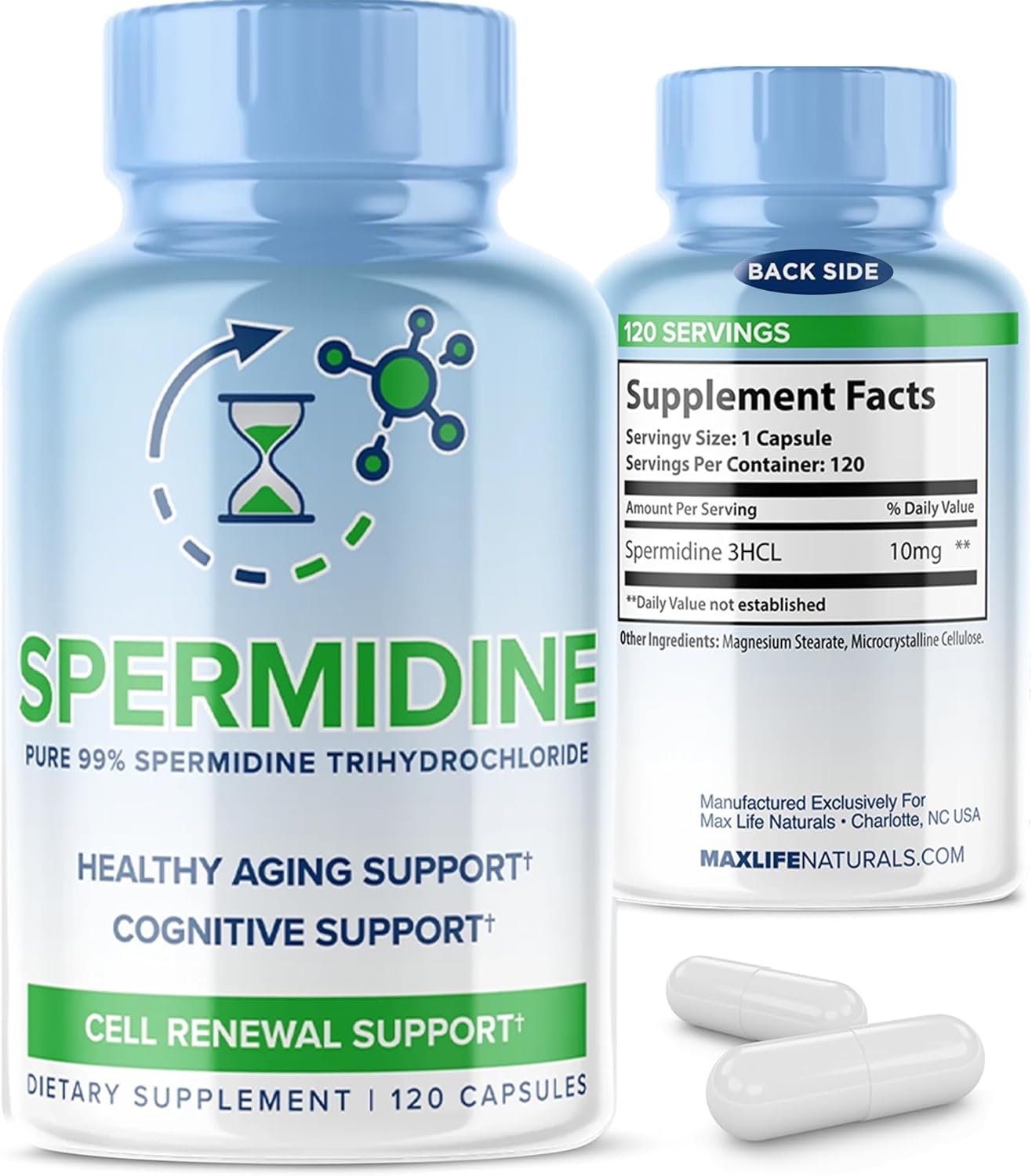 Maxlife Naturals Pure Spermidine with Trihydrochloride Brain Cell Repair Anti Aging 3HCL 10mg - 120 Caps
