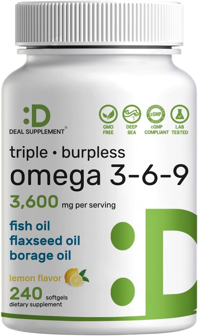 Deal Supplement Triple Omega 3-6-9 Fish Oil, Flaxseed Oil, Borage Oil 3,600mg – 240 Softgels
