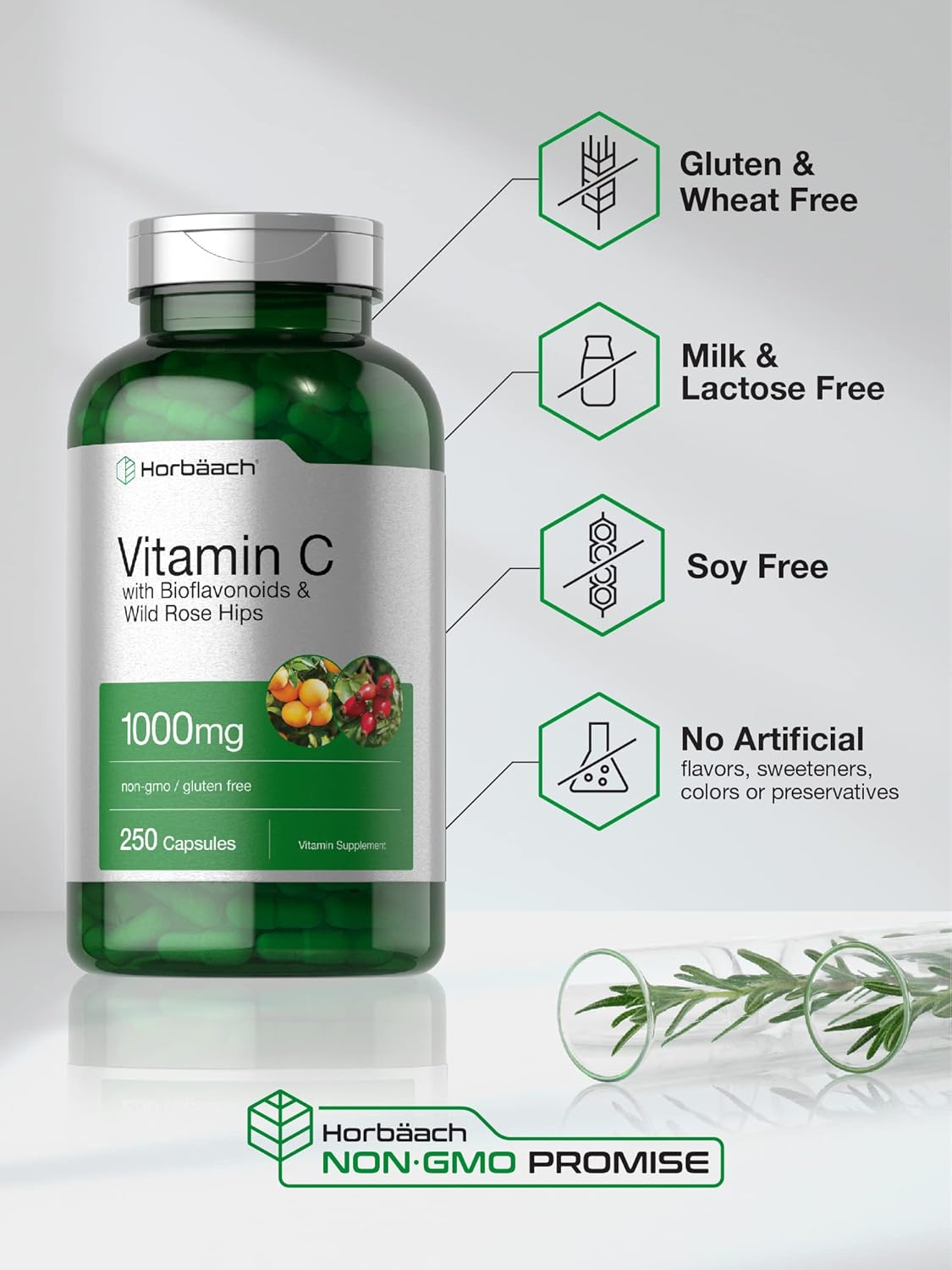 Horbäach Vitamin C 1000mg Bioflavonoids and Rose HIPS High Strength Formul 250 Caps