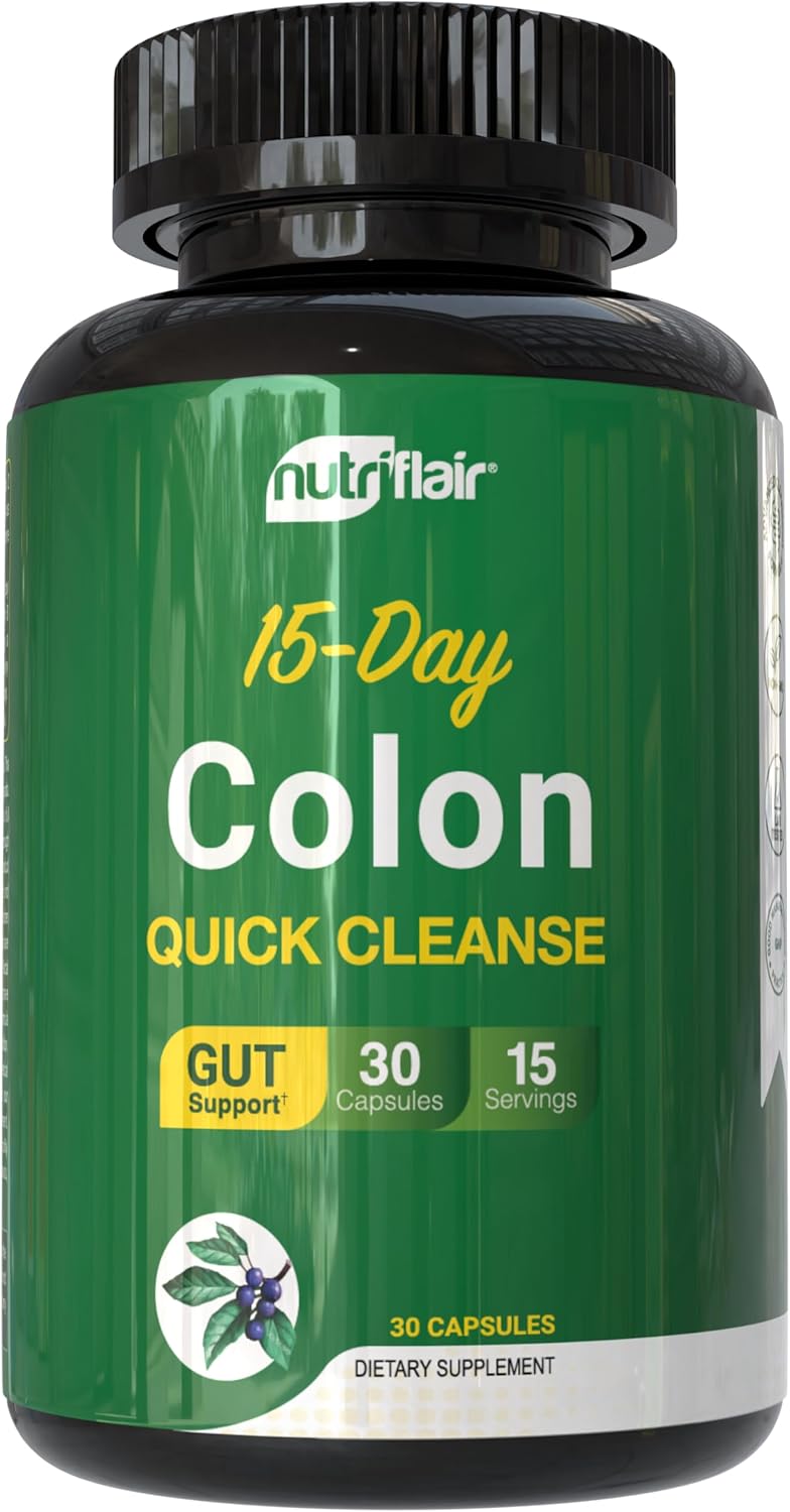 NutriFlair Colon Cleanse 15 Day Gut Detox Cascara Sagrada Senna Leaf Psyllium Husk & Probiotics Lactobacillus – 30 Caps