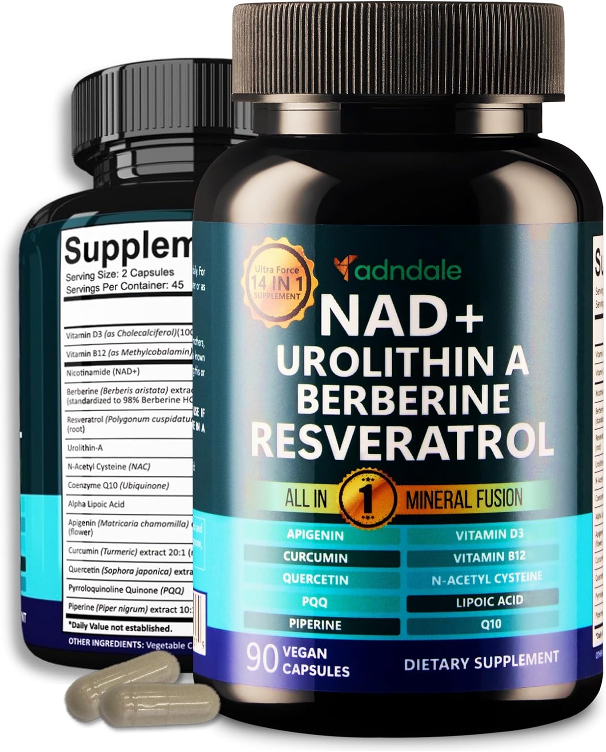 Adndale NAD Urolithin-A Berberine  Resveratrol 90 Vegan Caps