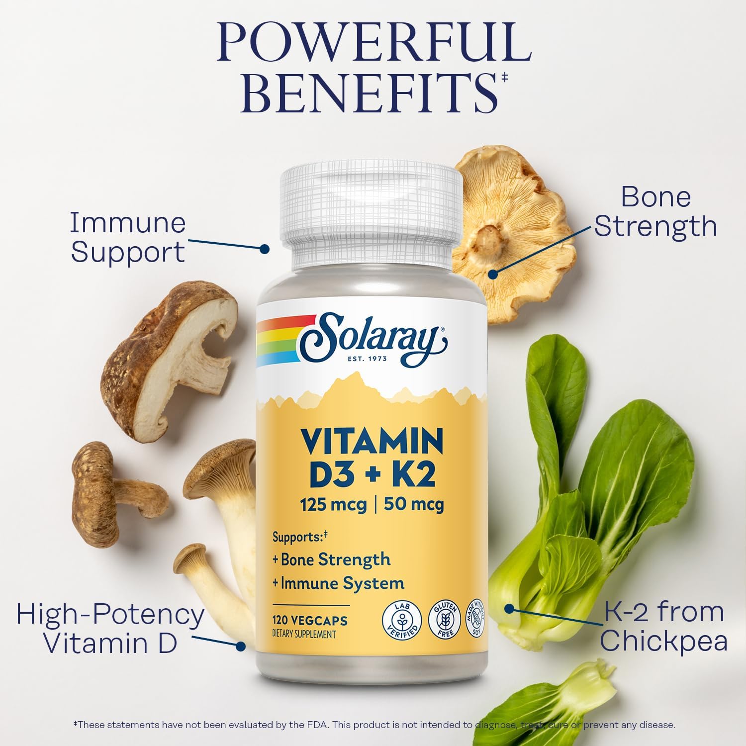SOLARAY Vitamin D3 K2 MK7 Bone Health Immune Support 5000 IU 120 Caps
