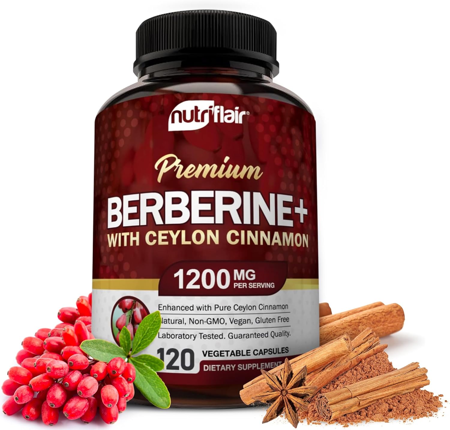NutriFlair Premium Ceylon Cinnamon Berberine HCL Immune System Glucose 1200mg 120 Caps