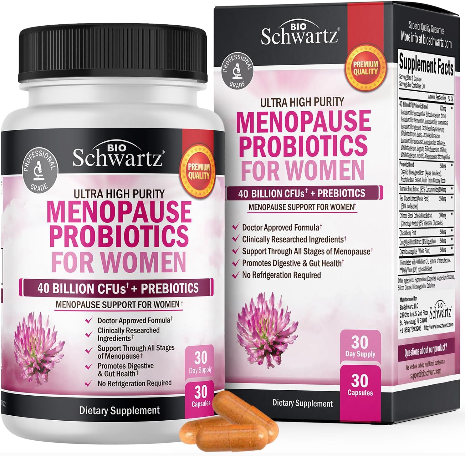 BioSchwartz Menopause Women - 40 Billion CFU Probiotics Hot Flashes Night Sweats Mood Swings and Balance 60 Caps